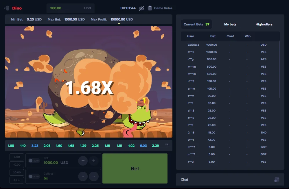 Dino MyStake Crash Game asteroid impact at 1.68x with live bet list on the right