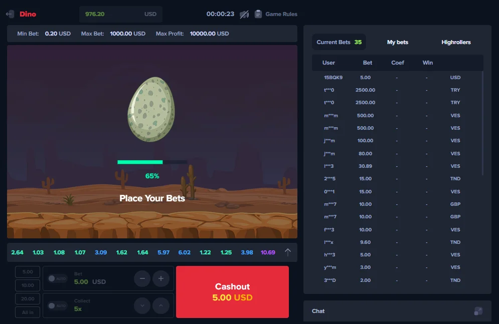 Dino MyStake betting phase with dino egg and 65 percent progress bar