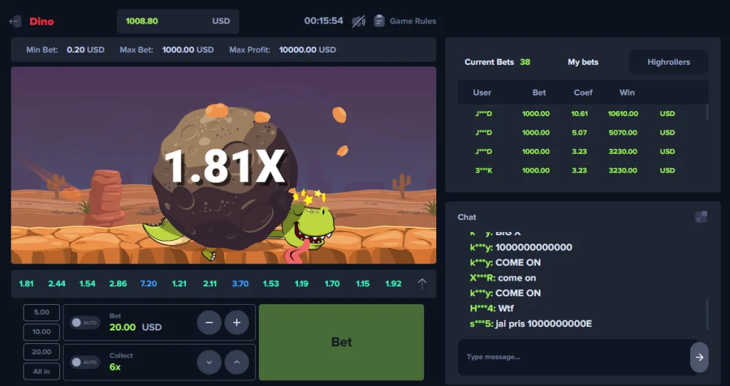 MyStake Dino asteroid crash at 1.81x with high rollers and chat activity