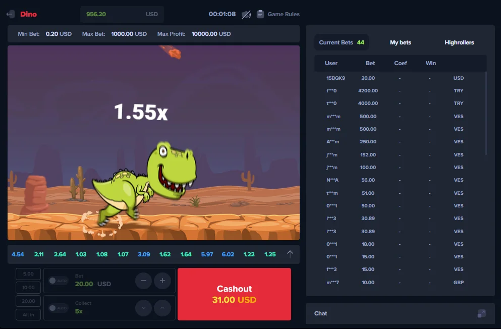 MyStake Dino Crash Game running dinosaur animation with 1.55x multiplier during active round