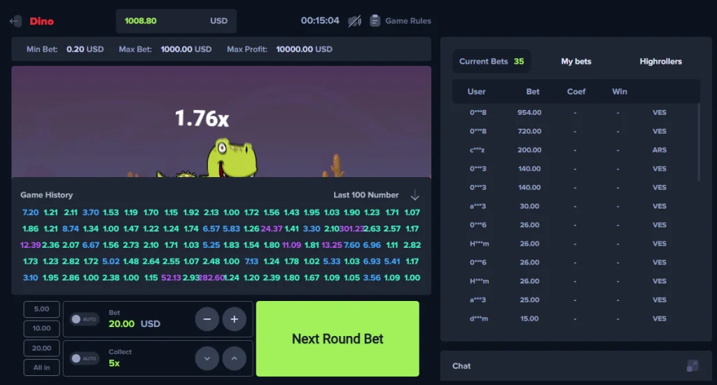 Dino MyStake running round with 1.76x multiplier and live game history